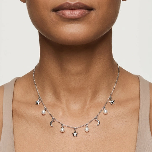 Celestine Charm pearl necklace elegant silver detailing
