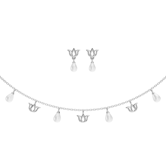 Lotus Charms Freshwater pearl & 92.5 Silver Necklace Set