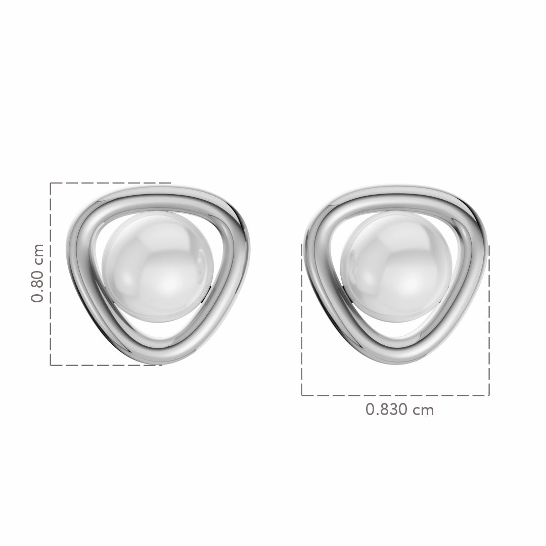 Pair of silver earrings with a central pearl, shown with measurements on a white background.