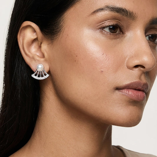 Arc pearl silver earrings elegant detailed view
