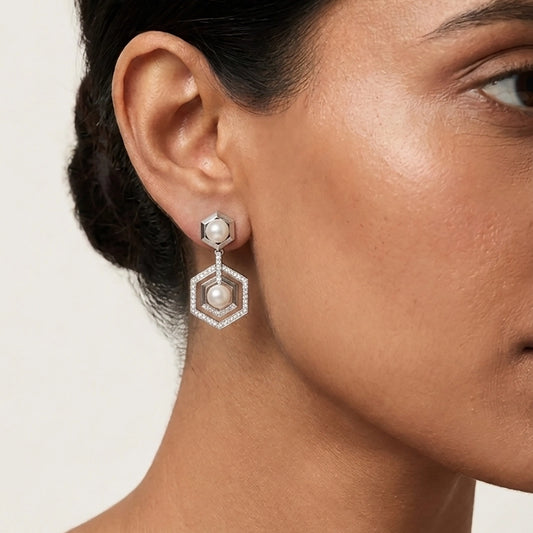 Hexagon pearl earrings geometric silver design