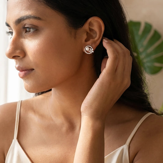 Floral Halo Pearl & 92.5 Silver Stud Earrings