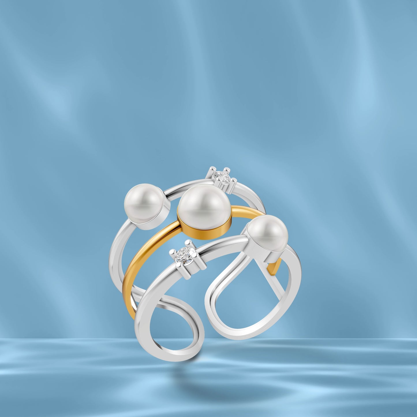 Elegant White Pearl Silver Ring Displayed On A Blue Silk Background Highlighting Contemporary Pearl Ring Designs For Ladies.