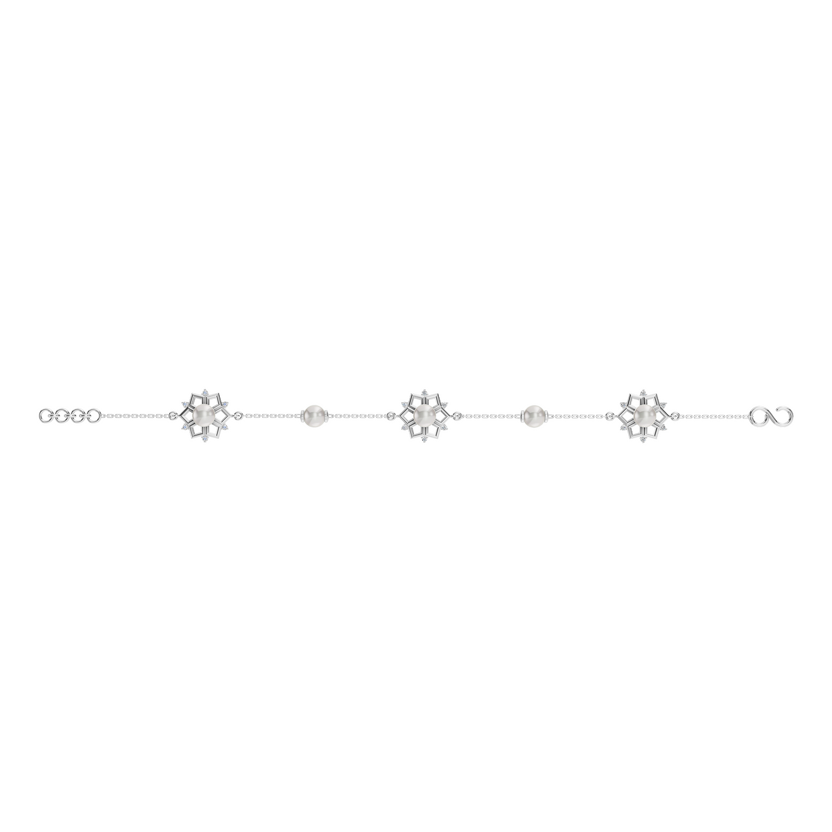 Detailed view of a silver pearl bracelet for women featuring delicate floral designs and a 925 silver bracelet chain.