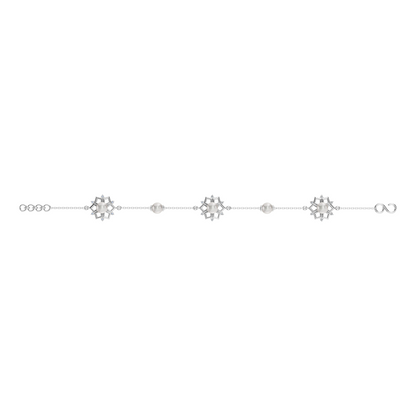 Detailed view of a silver pearl bracelet for women featuring delicate floral designs and a 925 silver bracelet chain.