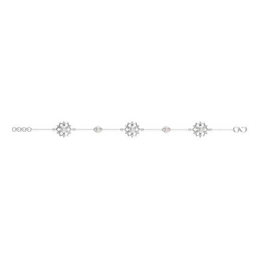 Detailed view of a silver pearl bracelet for women featuring delicate floral designs and a 925 silver bracelet chain.