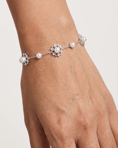 Close-up of a real pearl bracelet on a wrist showcasing a stylish silver pearl ring design and silver pearl jewellery aesthetic.