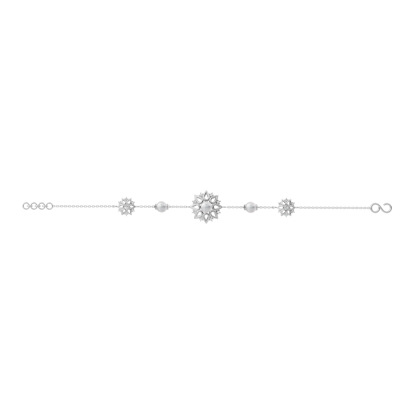 Silver Snowflake Charm Bracelet with Pearl and Diamond Accents on a White Background