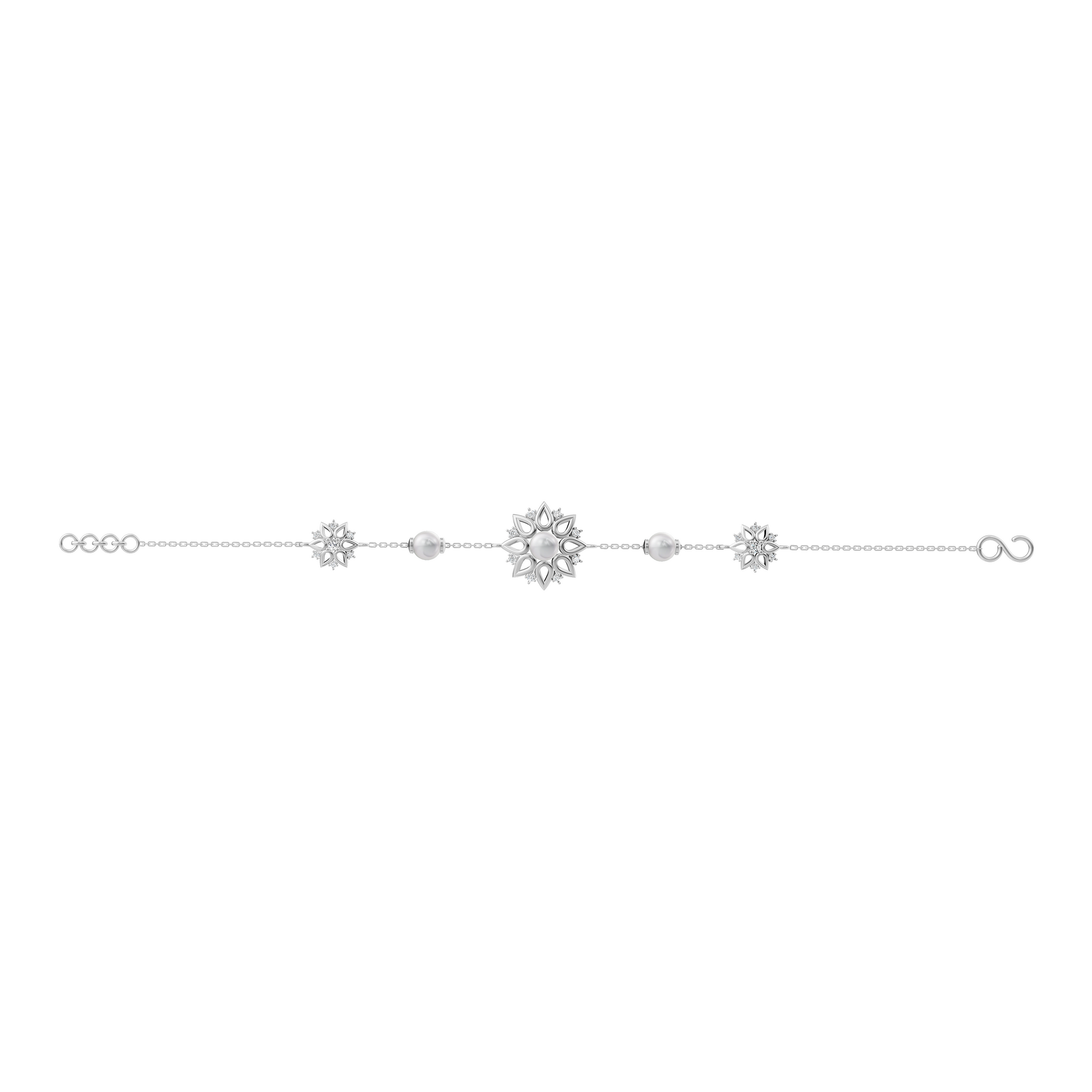 Silver Snowflake Charm Bracelet with Pearl and Diamond Accents on a White Background