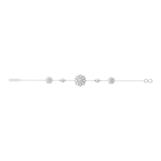 Silver Snowflake Charm Bracelet with Pearl and Diamond Accents on a White Background