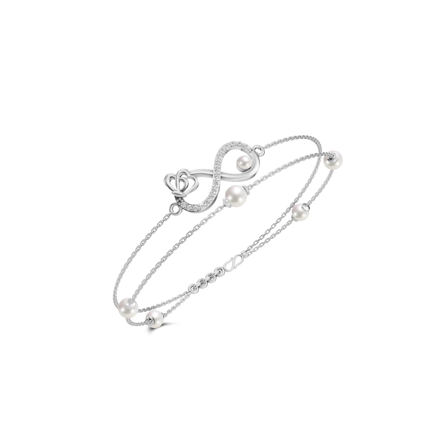 Elegant Silver Pearl Bracelet Featuring An Infinity Symbol Design Intertwined With Delicate White Pearl Jewellery.