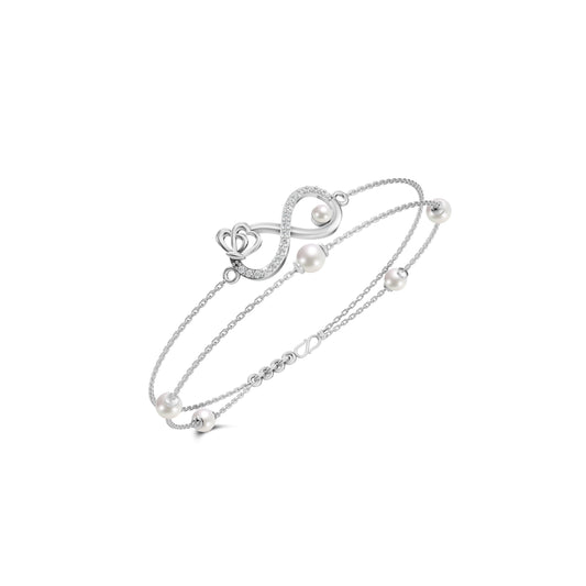 Elegant Silver Pearl Bracelet Featuring An Infinity Symbol Design Intertwined With Delicate White Pearl Jewellery.