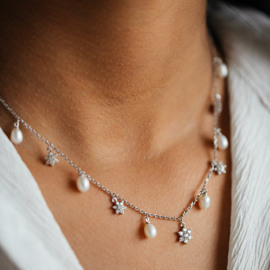 Signature Drop Pearls & 92.5 Silver Charms Necklace