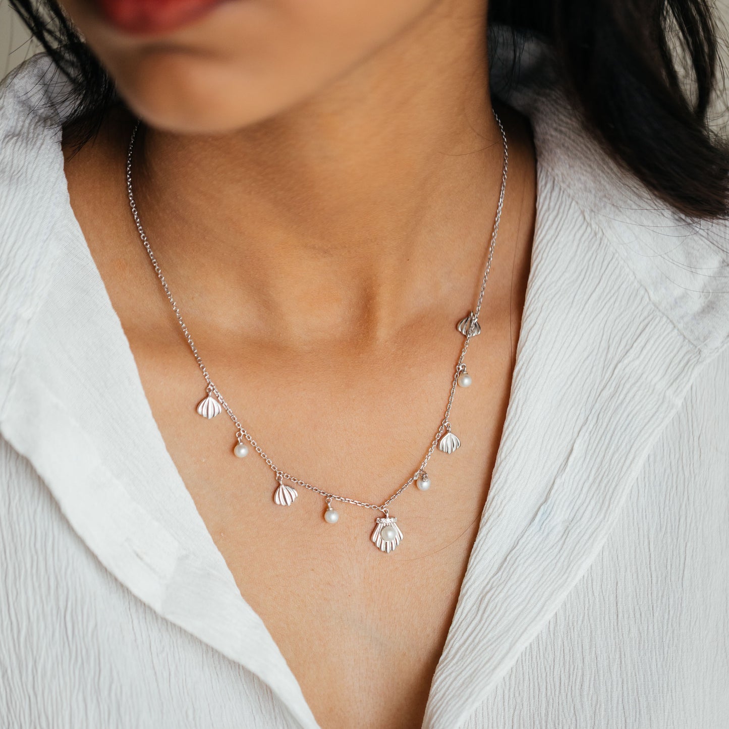 Shells Freshwater Pearl & 92.5 Silver Charms Necklace