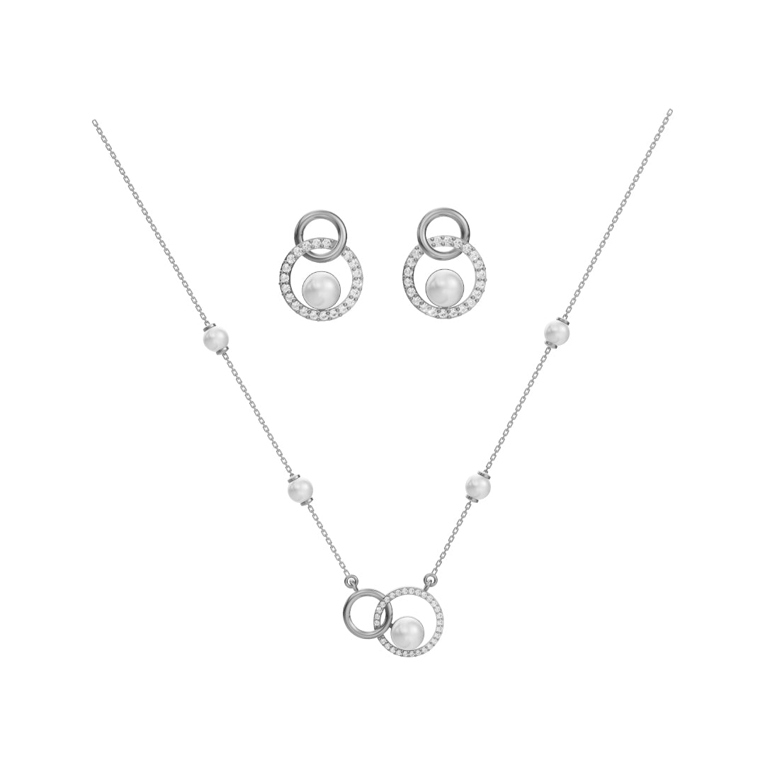 Silver necklace and earrings set with pearls on a white background