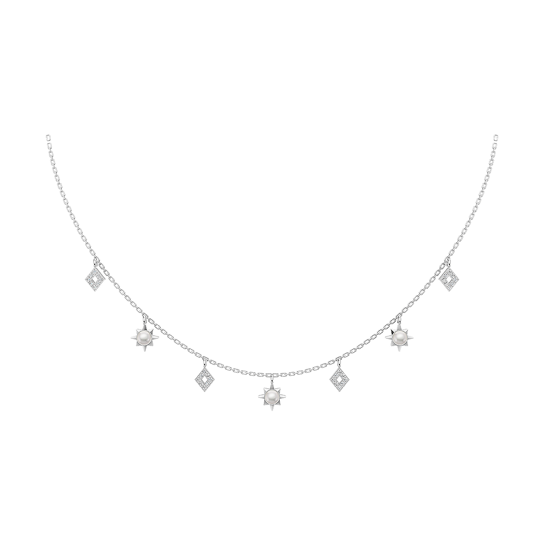 A silver-colored pearl necklace with multiple drop-shaped pearls strung together.