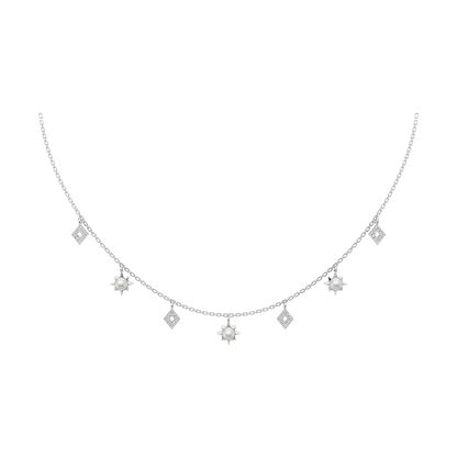 A silver-colored pearl necklace with multiple drop-shaped pearls strung together.