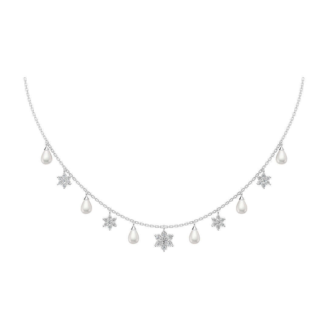 A silver-colored necklace with a series of pearl drop pendants.