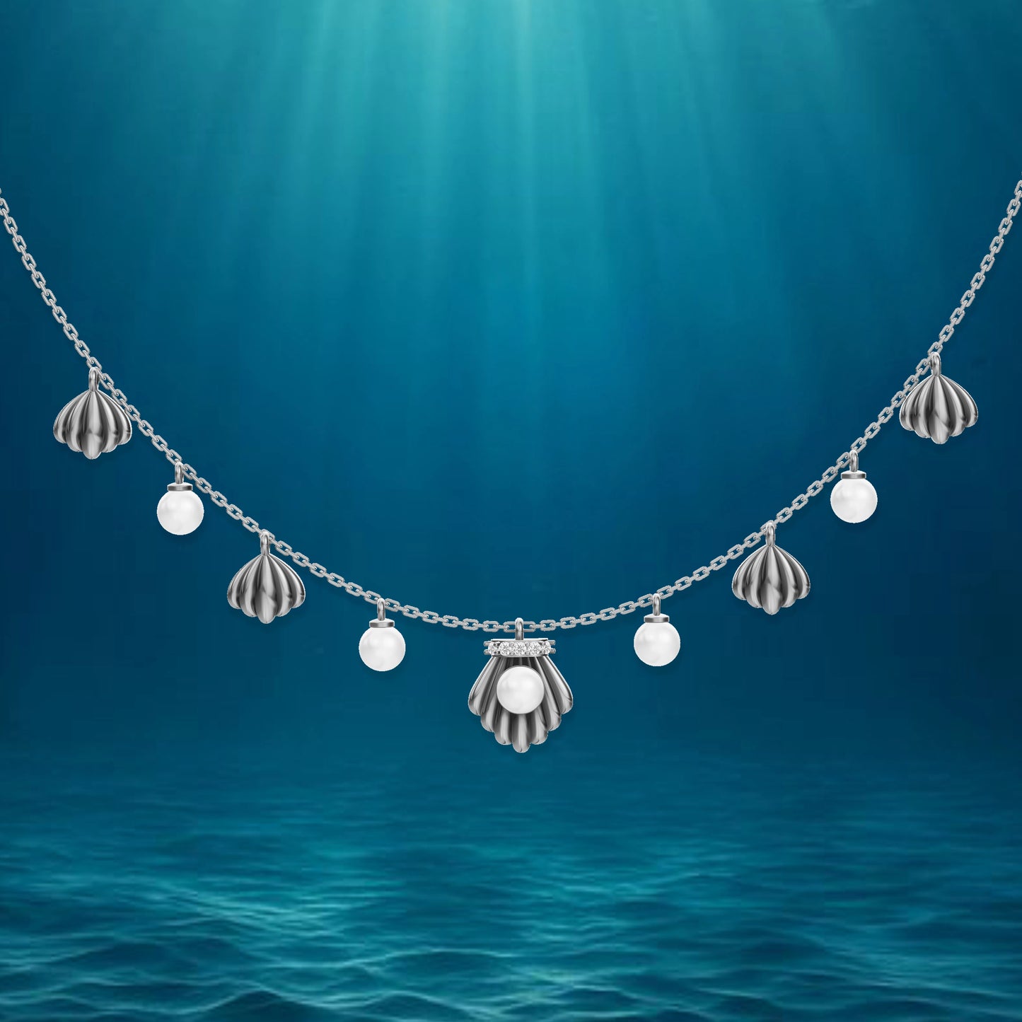 Shells pearl charms necklace silver detailing