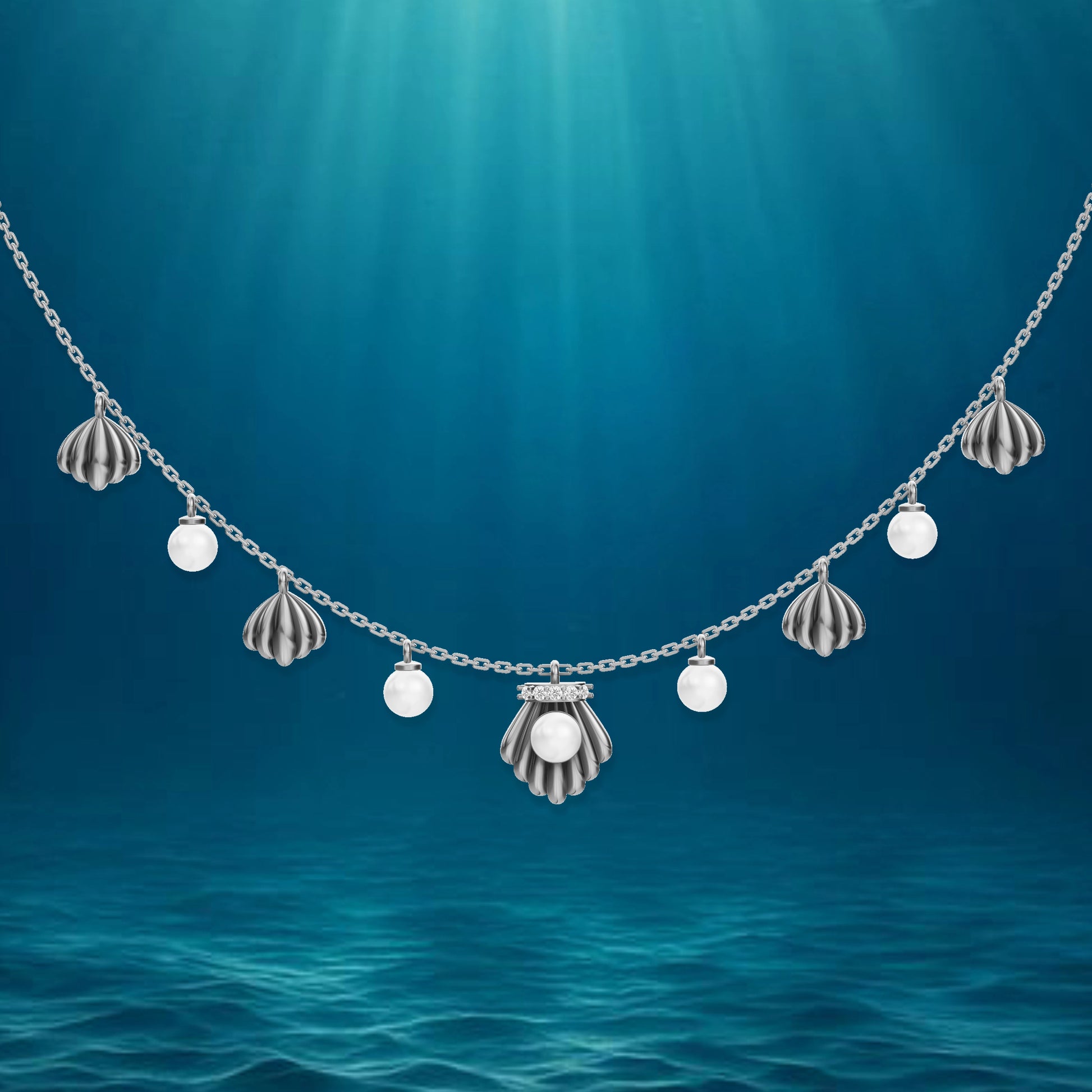 Shells pearl charms necklace silver detailing
