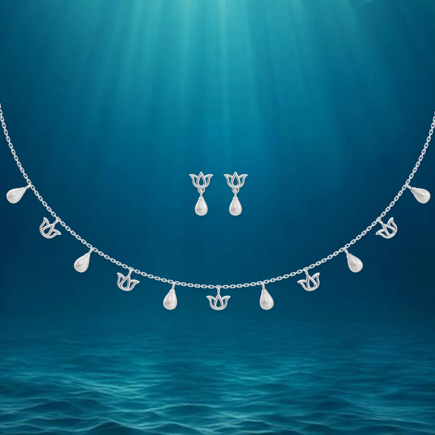 Lotus Charms Freshwater pearl & 92.5 Silver Necklace Set