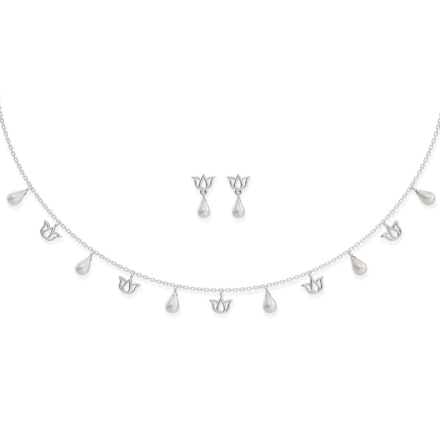 Lotus Charms Freshwater pearl & 92.5 Silver Necklace Set