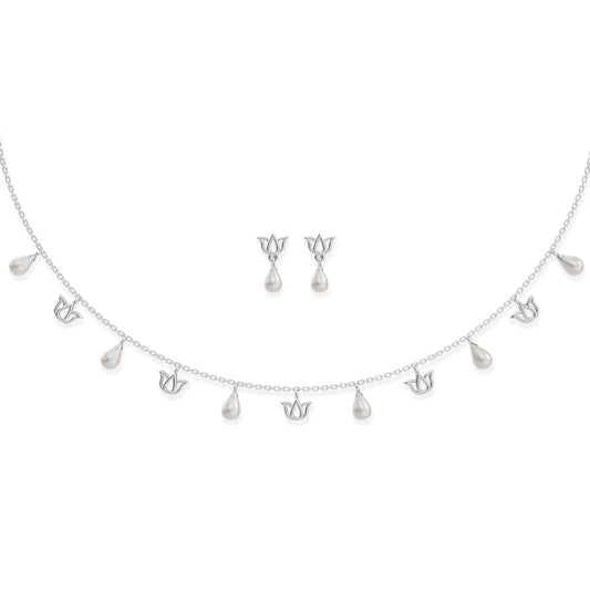 Lotus Charms Freshwater pearl & 92.5 Silver Necklace Set