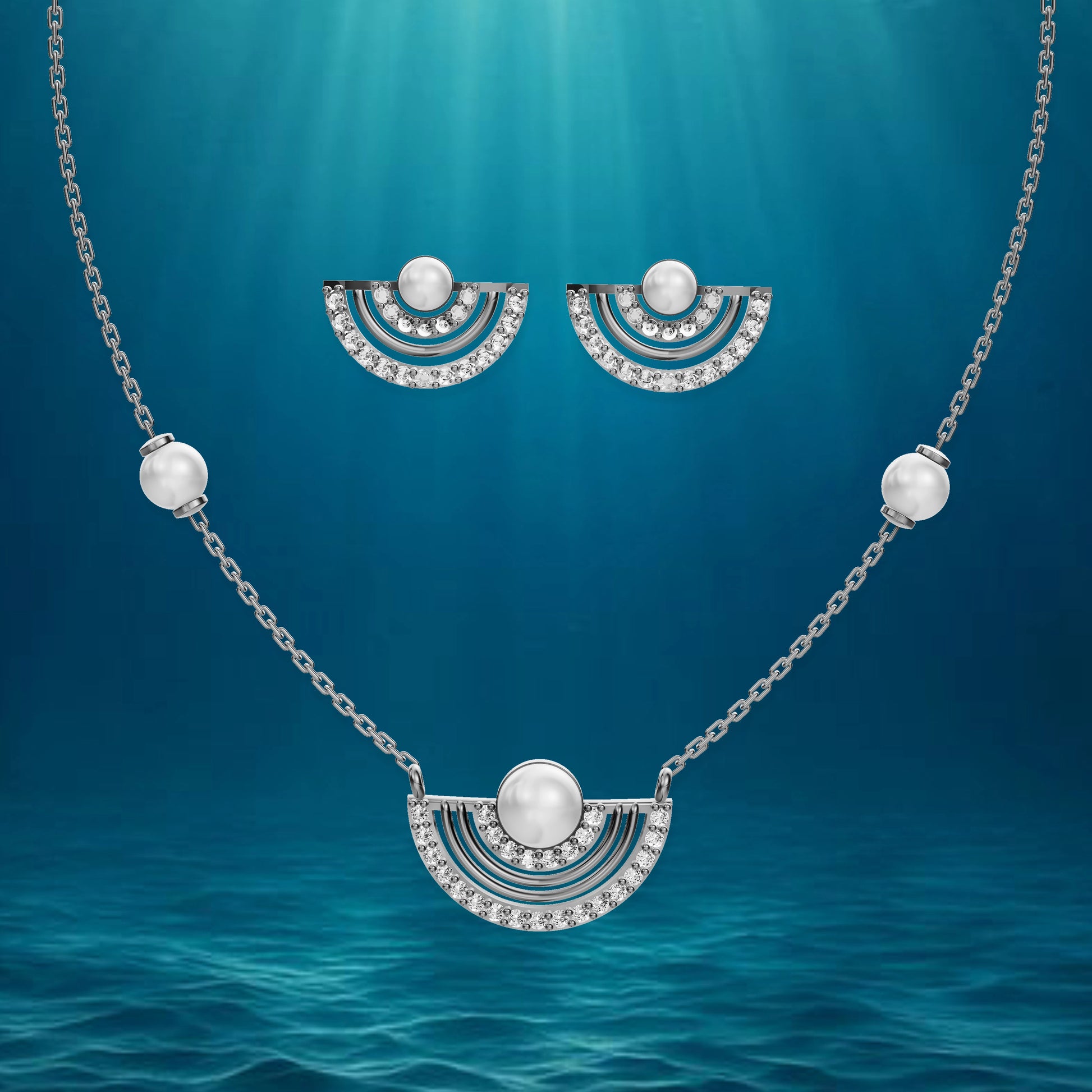 Semi Arc pearl silver necklace set elegant detail