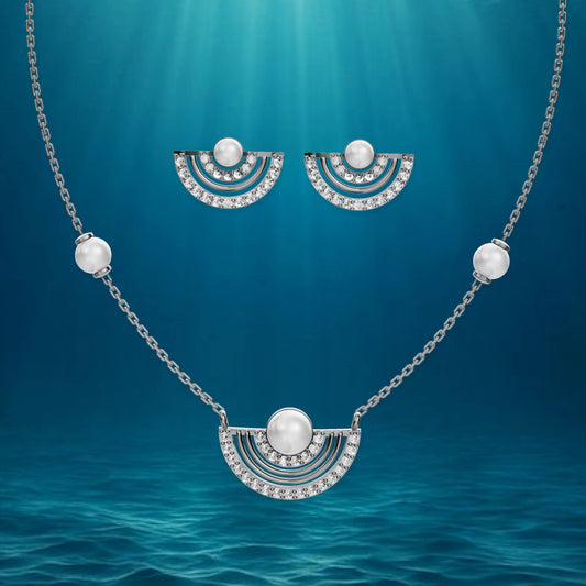 Semi Arc pearl silver necklace set elegant detail