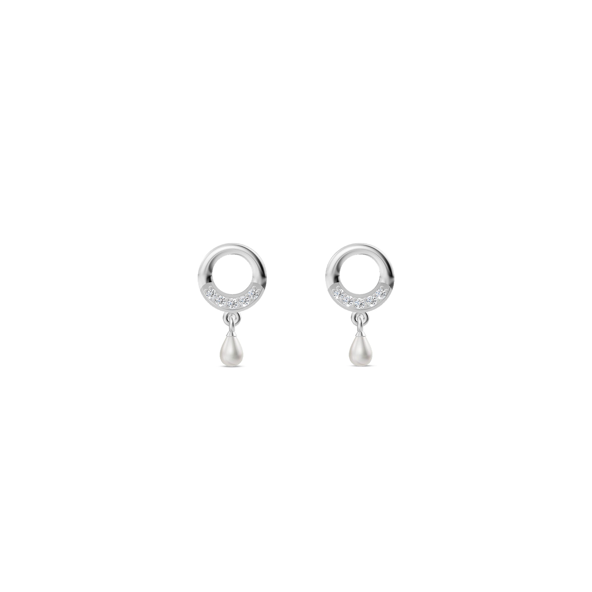 Pair of delicate silver circular stud Earrings with small pearl drop accents isolated on a white background.