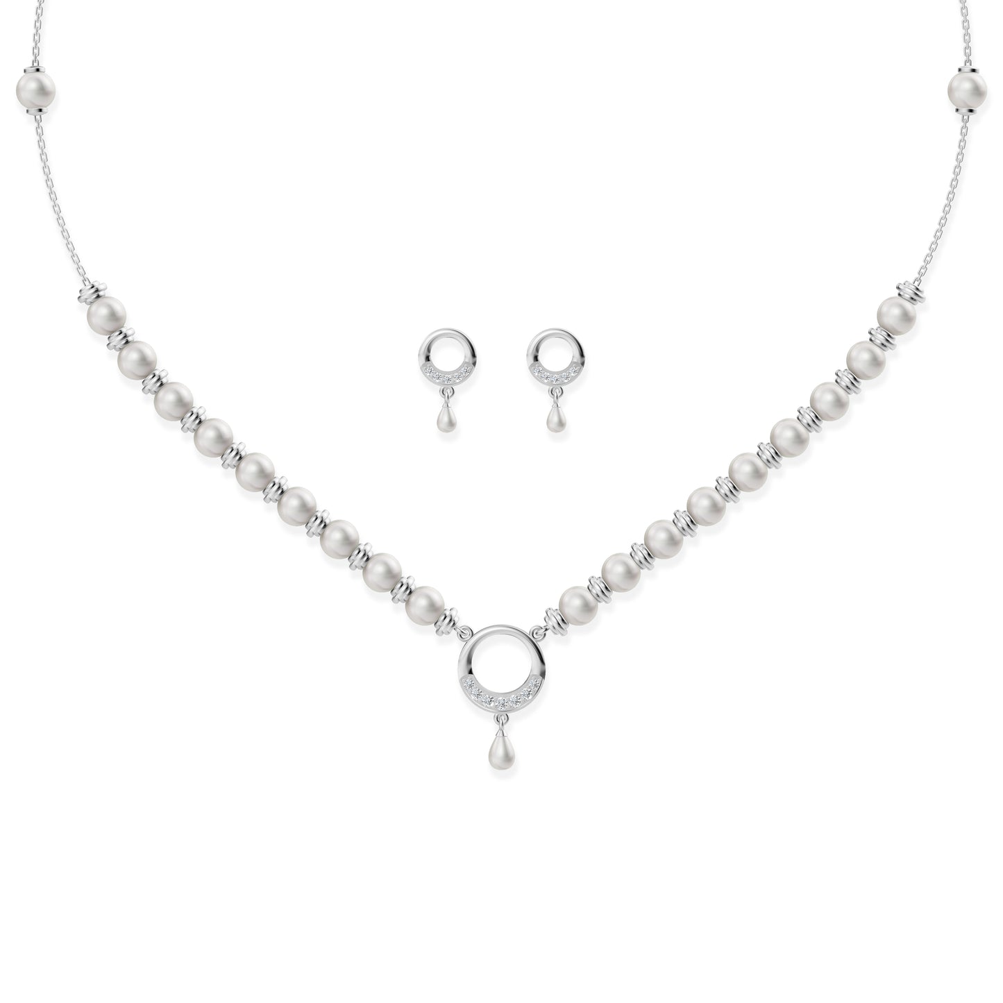 Minimalist silver circle pendant necklace with pearl strand details and matching circular stud earrings on white background