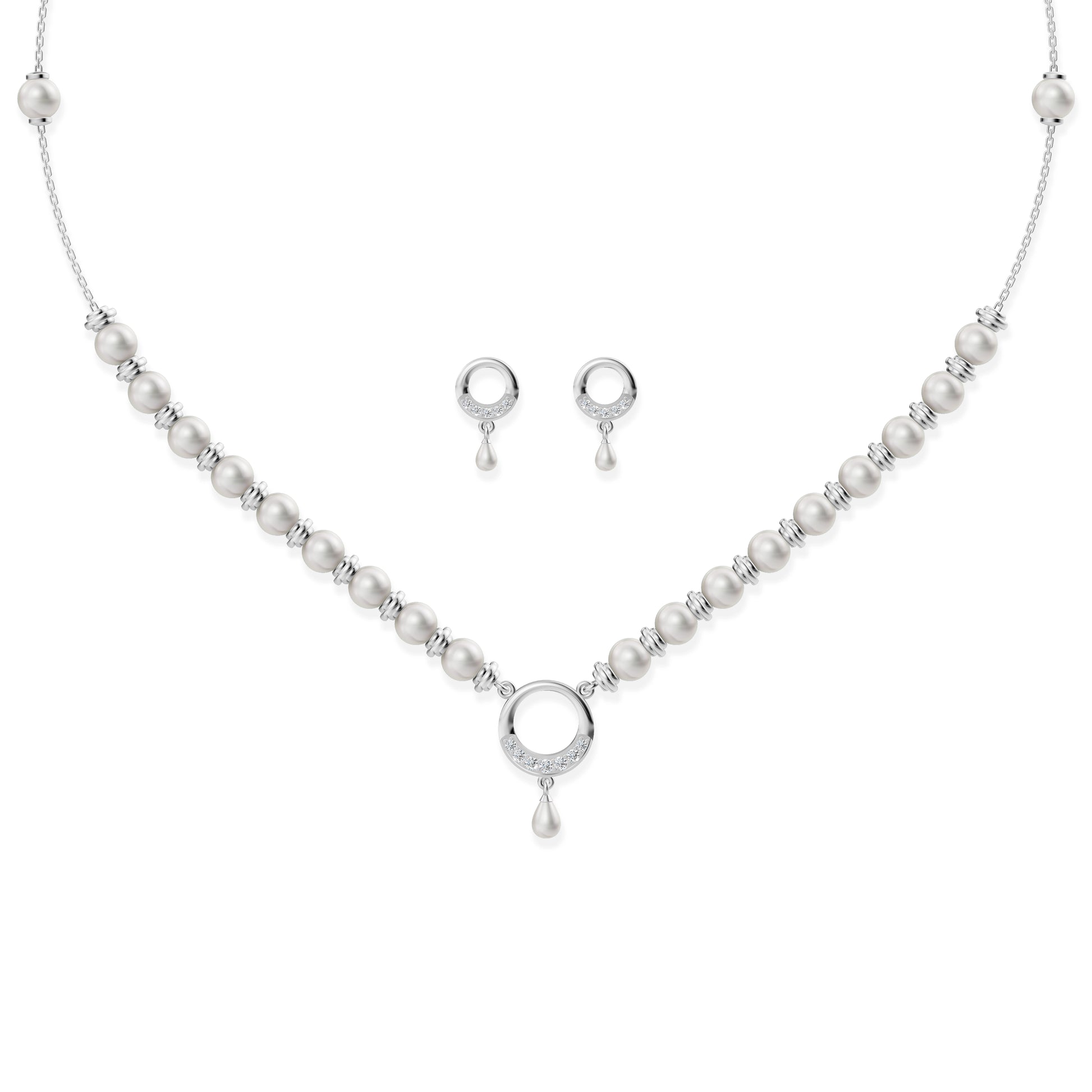 Minimalist silver circle pendant necklace with pearl strand details and matching circular stud earrings on white background