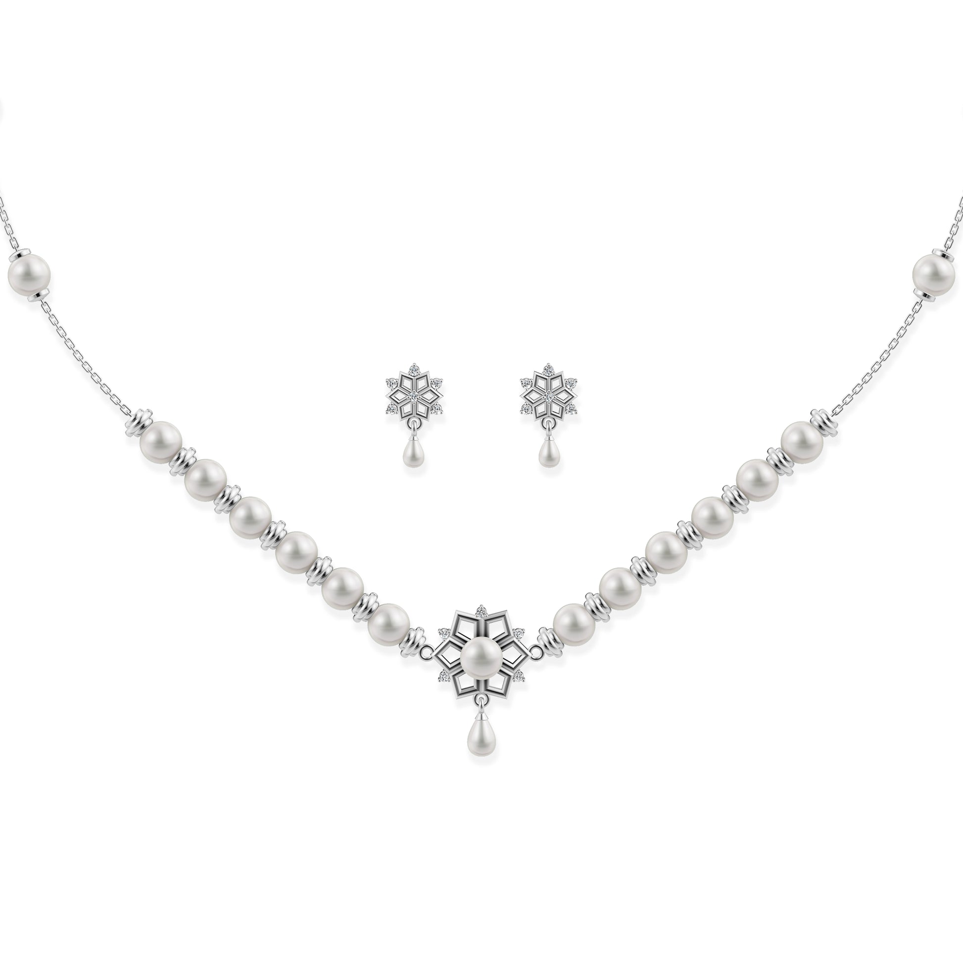 Ornate silver snowflake pendant necklace with matching floral-inspired stud earrings on a white background