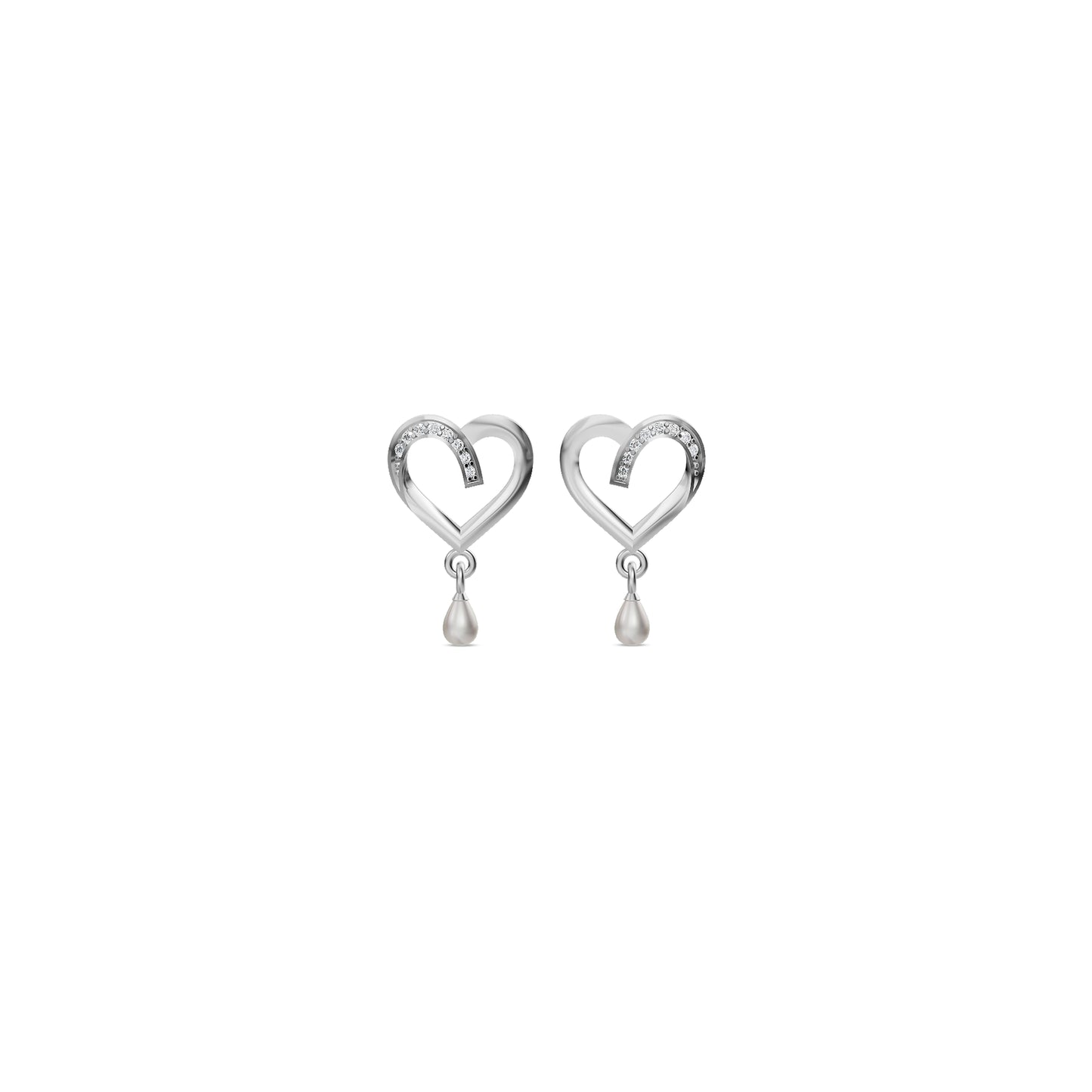 Pair of silver heart-shaped stud earrings with small dangling pearl accents on a plain white background
