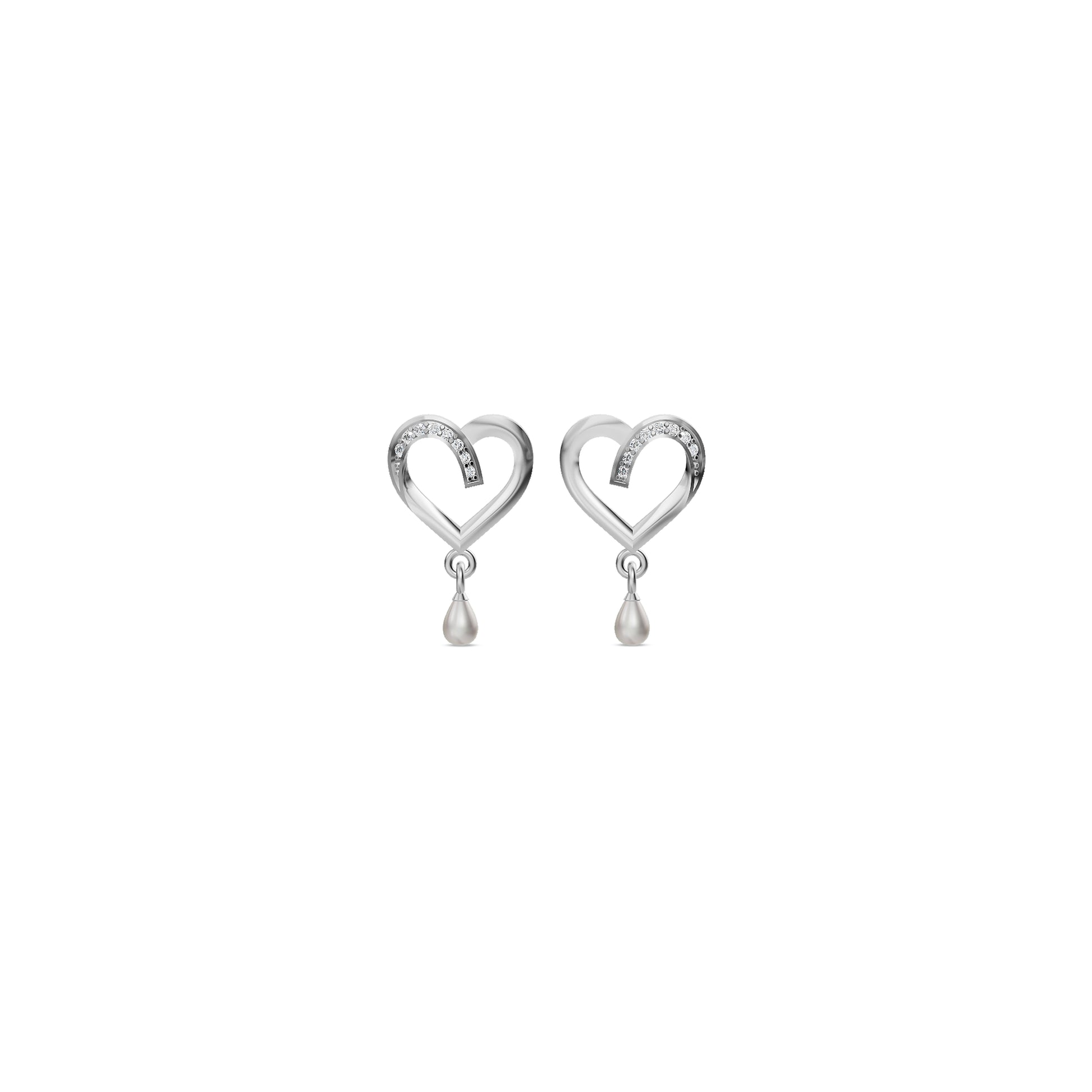 Pair of silver heart-shaped stud earrings with small dangling pearl accents on a plain white background