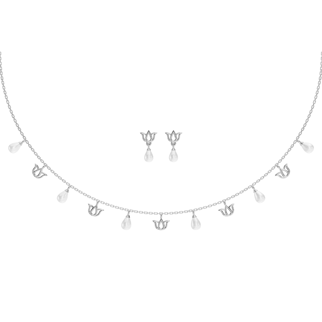 Lotus Charms Freshwater pearl & 92.5 Silver Necklace Set