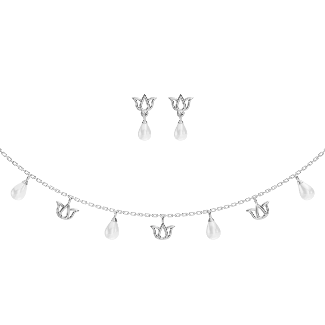 Lotus Charms Freshwater pearl & 92.5 Silver Necklace Set