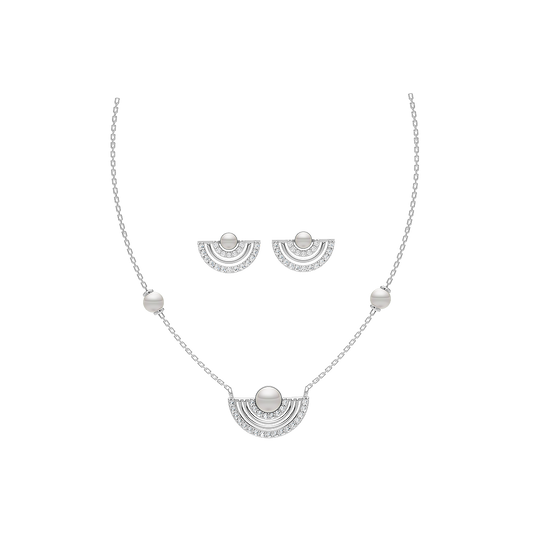 A set of jewelry, including a necklace and earrings, with silver metal and clear stones.