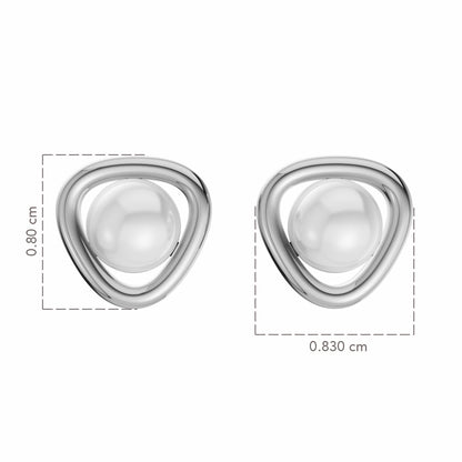 Pair of silver earrings with a central pearl, shown with measurements on a white background.