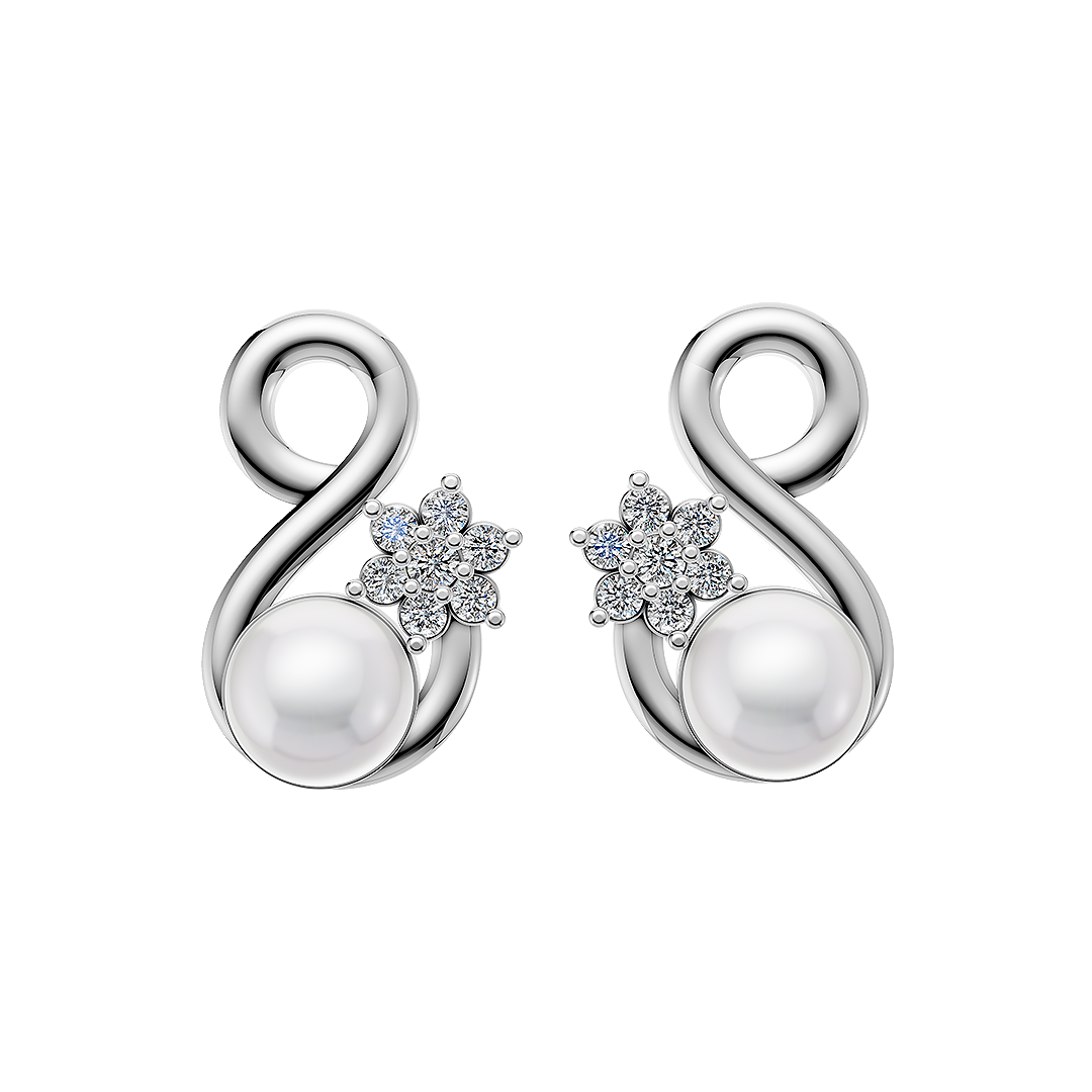 This image displays a pair of elegant Radiance Pearl Earrings. The earrings feature a sophisticated design, with each earring consisting of a large, lustrous pearl encircled by intricate, sparkling diamond accents.