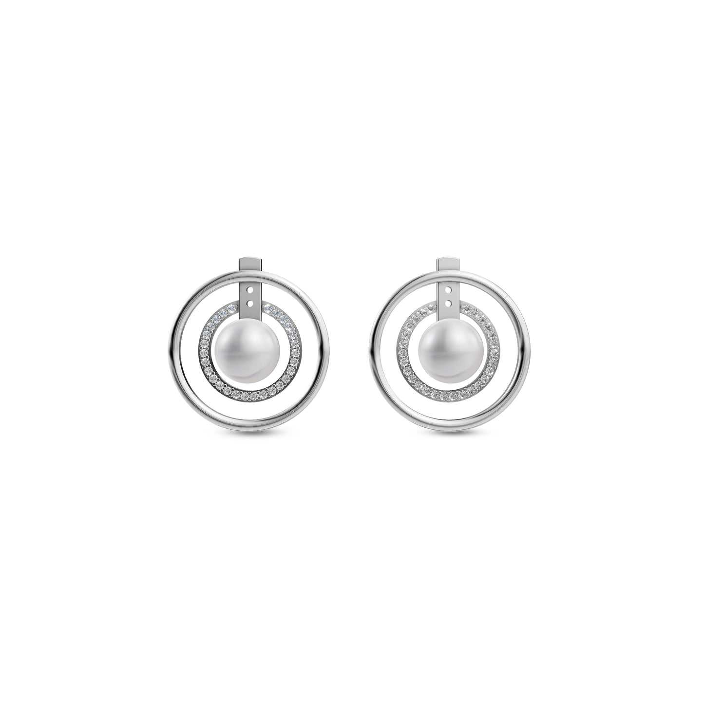 Sophisticated Silver Pearl Earrings Featuring A Double Circular Frame With A Central White Pearl Jewellery Accent.