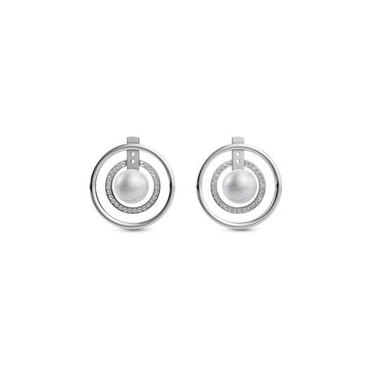 Sophisticated Silver Pearl Earrings Featuring A Double Circular Frame With A Central White Pearl Jewellery Accent.