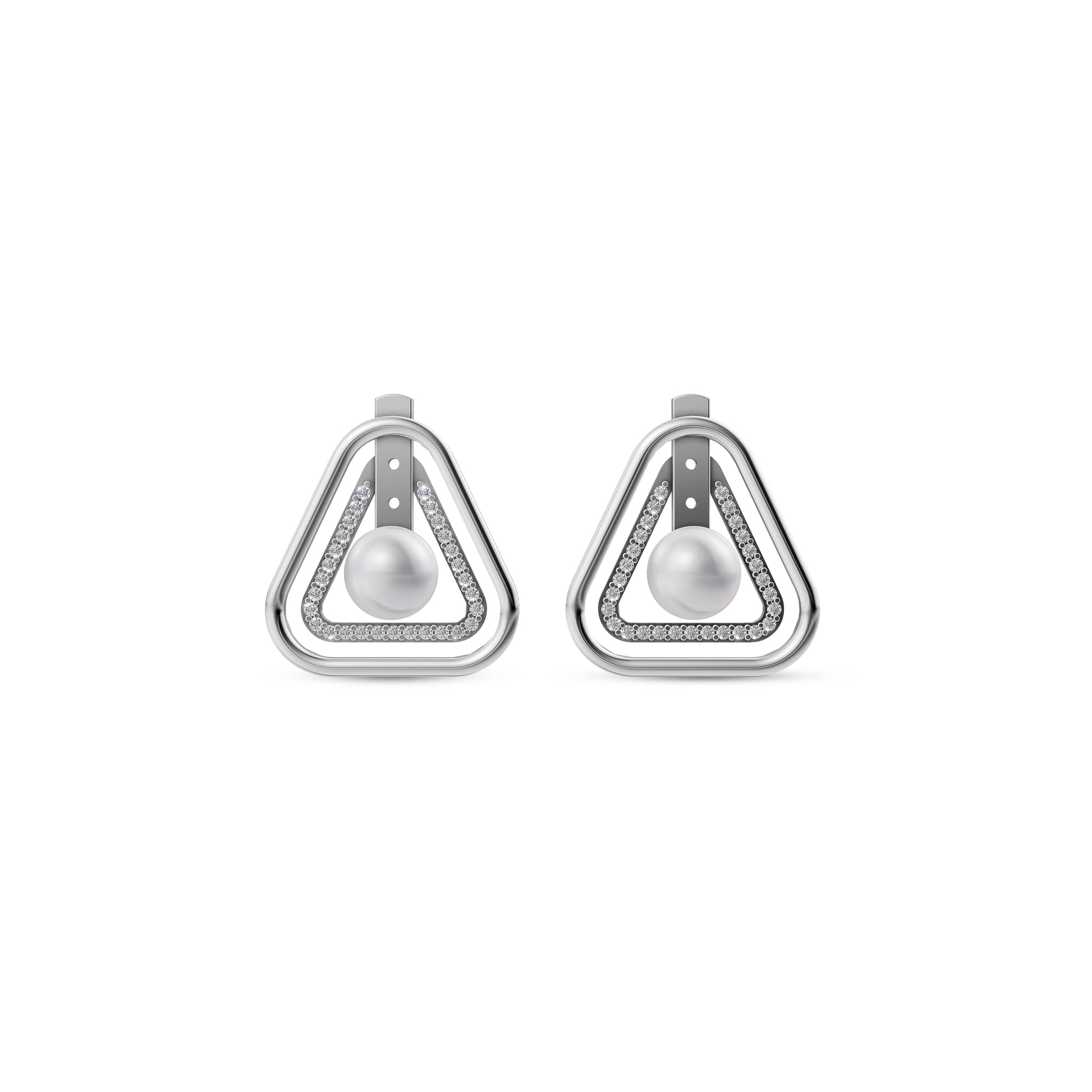 Modern Silver Pearl Earrings Featuring A Geometric Triangle Frame With A Brilliant White Pearl Jewellery Center.
