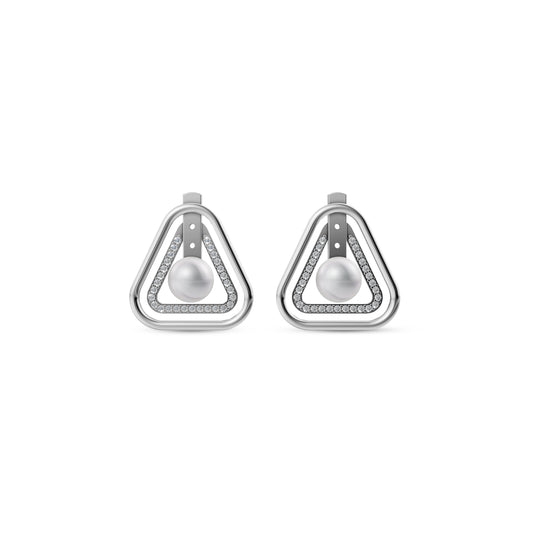Modern Silver Pearl Earrings Featuring A Geometric Triangle Frame With A Brilliant White Pearl Jewellery Center.