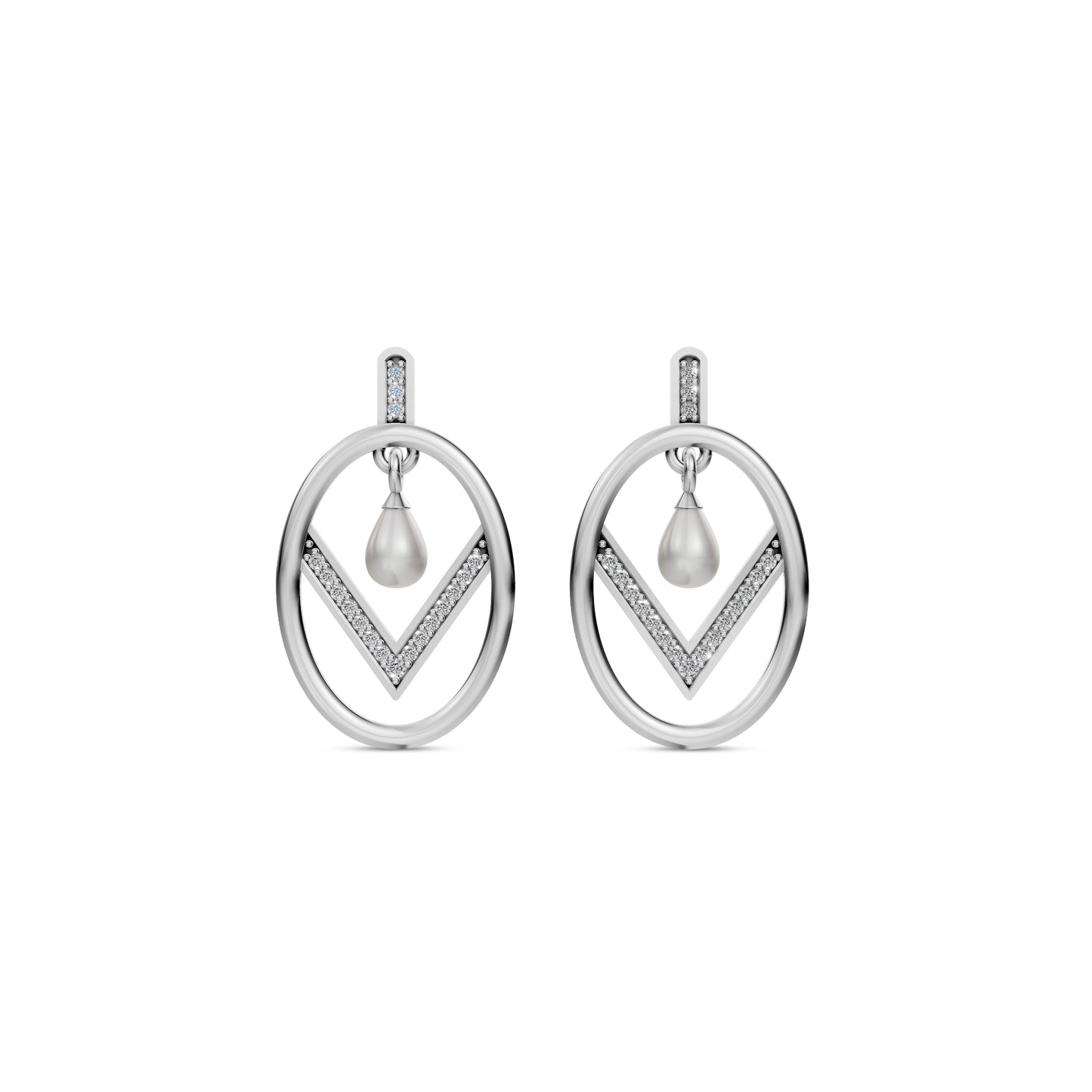 Unique Silver Pearl Earrings Featuring A Modern Oval Hoop And V-Shape White Pearl Jewellery Design.