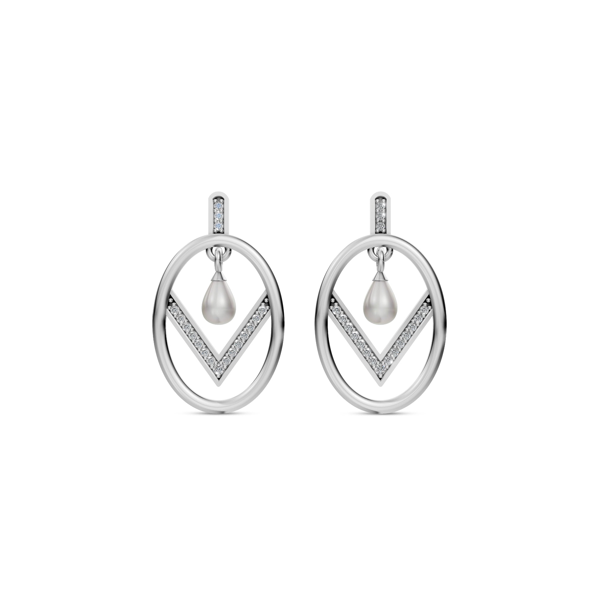Unique Silver Pearl Earrings Featuring A Modern Oval Hoop And V-Shape White Pearl Jewellery Design.