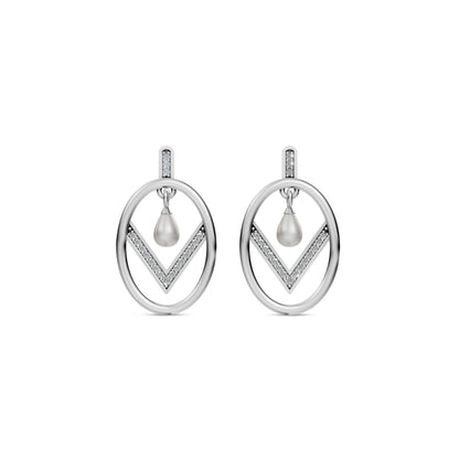 Unique Silver Pearl Earrings Featuring A Modern Oval Hoop And V-Shape White Pearl Jewellery Design.