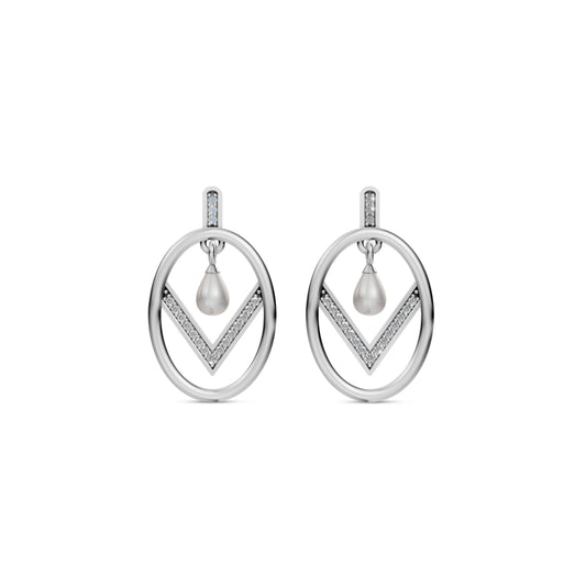 Unique Silver Pearl Earrings Featuring A Modern Oval Hoop And V-Shape White Pearl Jewellery Design.