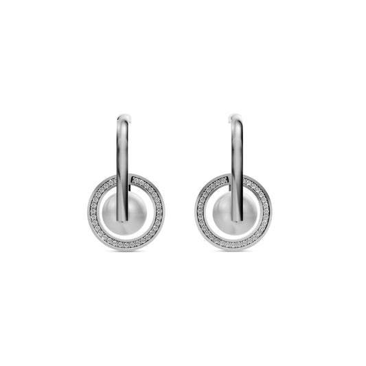 Elegant Silver Pearl Earrings Featuring A Circular Halo Design With White Pearl Jewellery Accents.