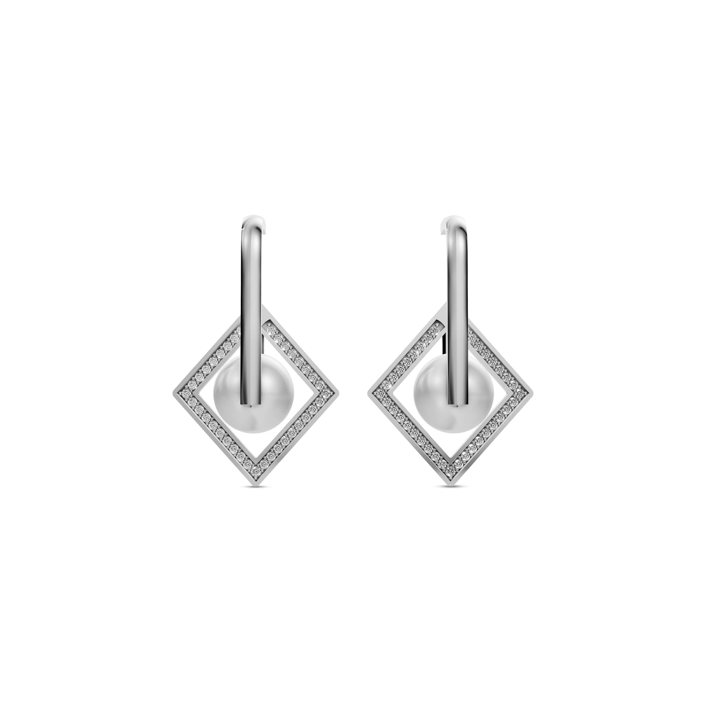 Unique Silver Pearl Earrings Featuring A Geometric Rhombus Design With White Pearl Jewellery Accents.